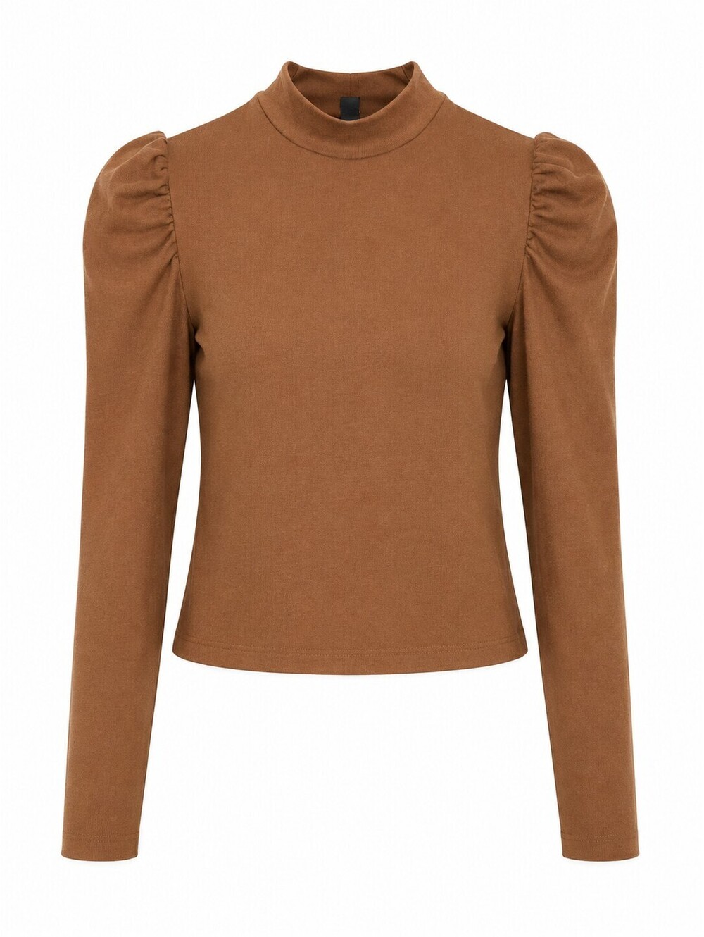 Alya Puff Sleeve Mock Neck Top Camel Brown Fitted Stretch Quiet Luxury S